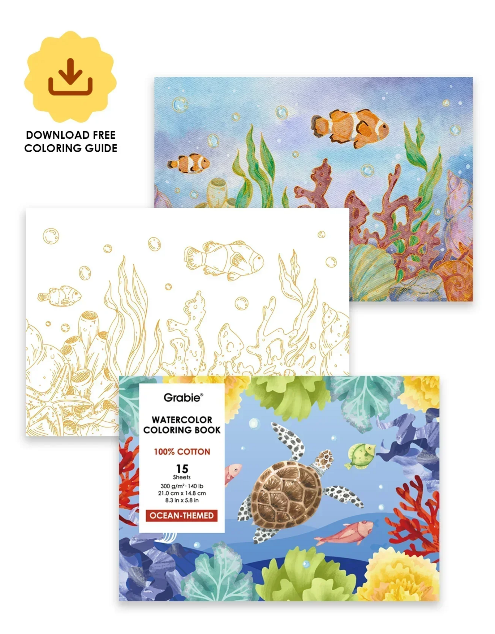 Grabie 15 Sheets 140LB Ocean-Themed  Watercolor Coloring