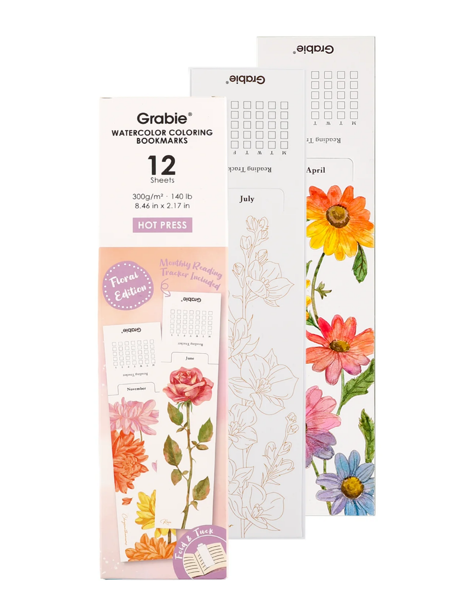 Grabie Watercolor Coloring Bookmarks: Flower Edition