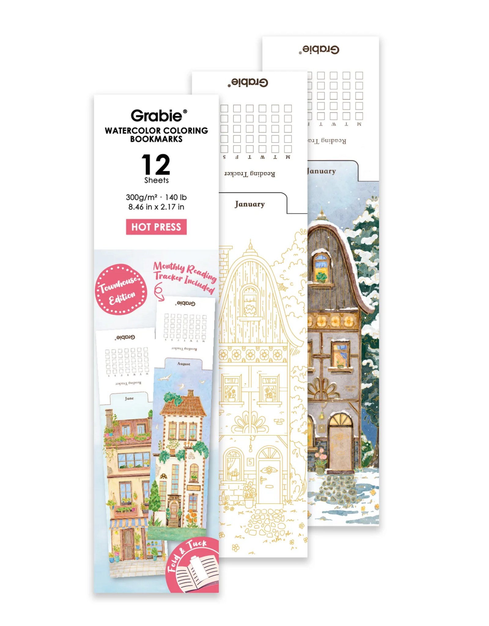 Grabie Watercolor Coloring Bookmarks: Townhouse Edition