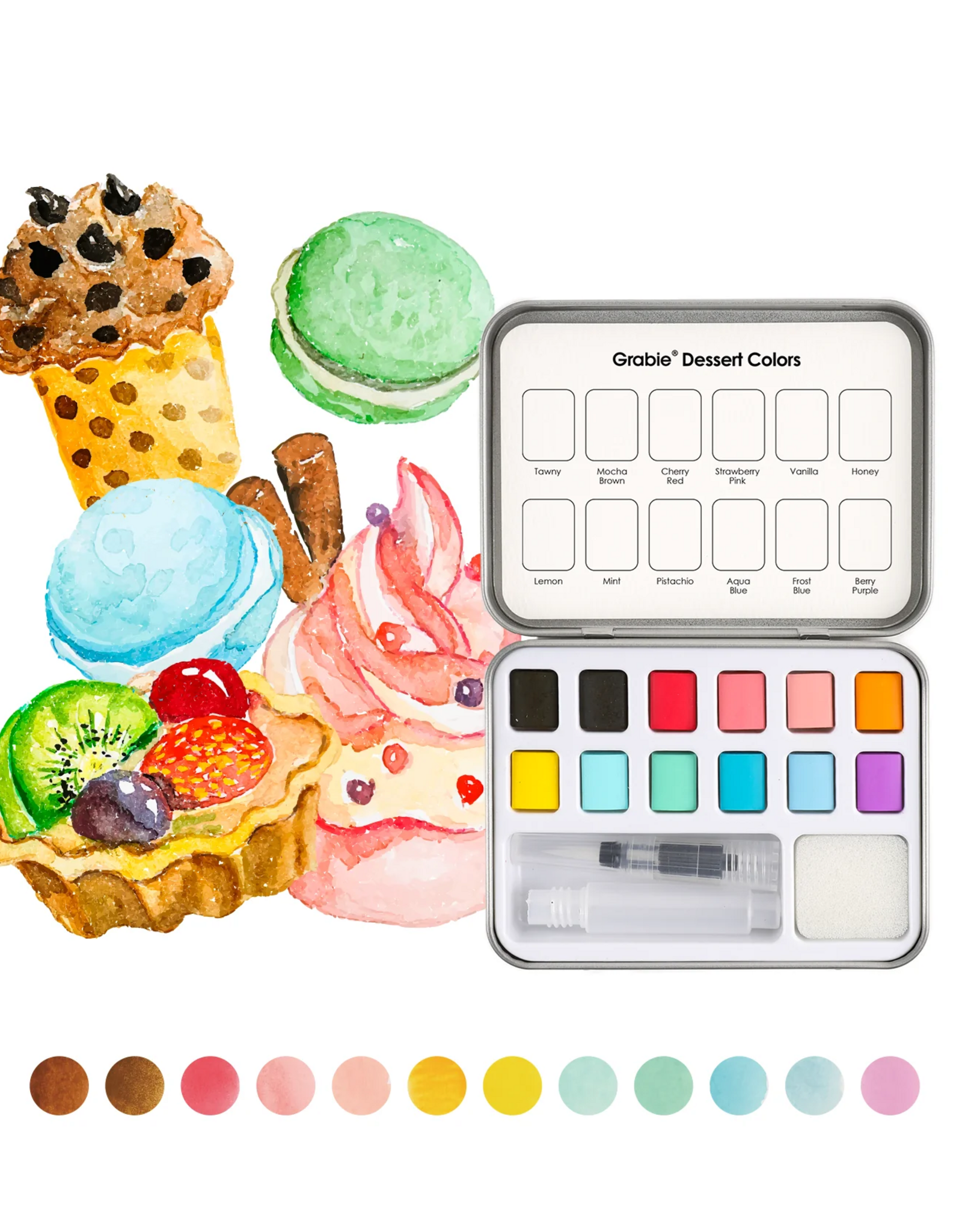 Grabie Watercolor Pocket Set of 12 with Brush: Dessert