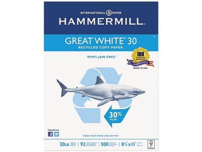 Hammermill Great White Recycled Copy Paper, 92 Brightness, 8.5 inch x 11 inch, 5000 Sheets