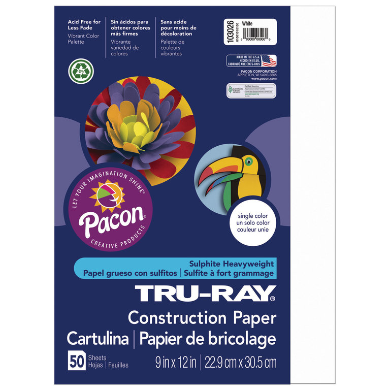 Pacon Pacon Tru-Ray Construction Paper, White, 9" x 12"