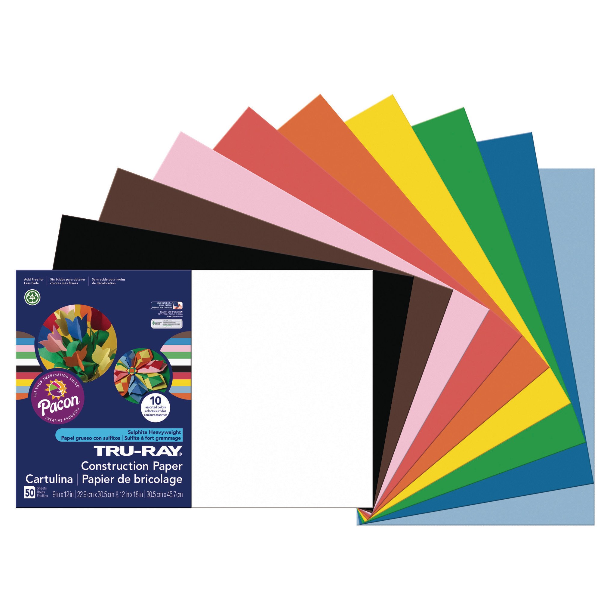 Pacon 103063 Tru-Ray Construction Paper, 76 lbs., 12 x 18, Assorted, 50 Sheets/Pack(Art Paper)