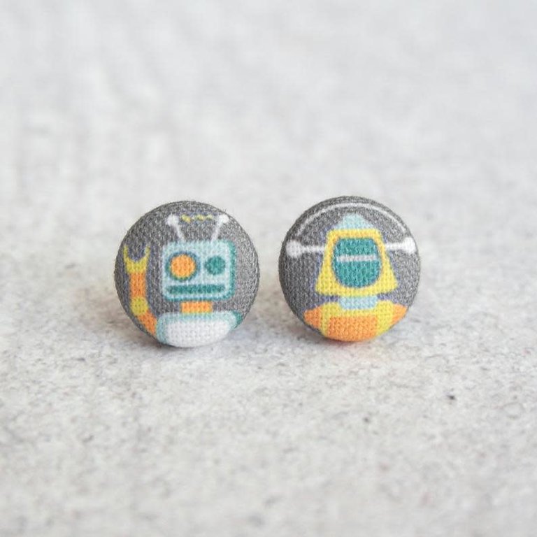 Rachel O's Fabulous Whimsy Fabric Button Earrings Robot