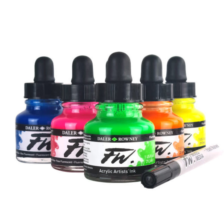 Daler-Rowney FW Acrylic Artists Ink Neon Set - Six 1 oz. Bottles & One Empty Paint Marker