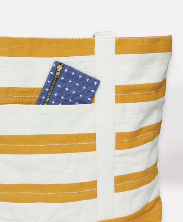 Colleen Clines Stripe Canvas Tote Bag Mustard