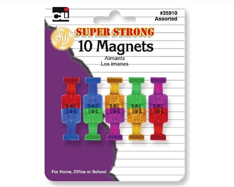 Charles Leonard Magnets Push Pin Style, Super Strong Assorted Colors 10 Pack
