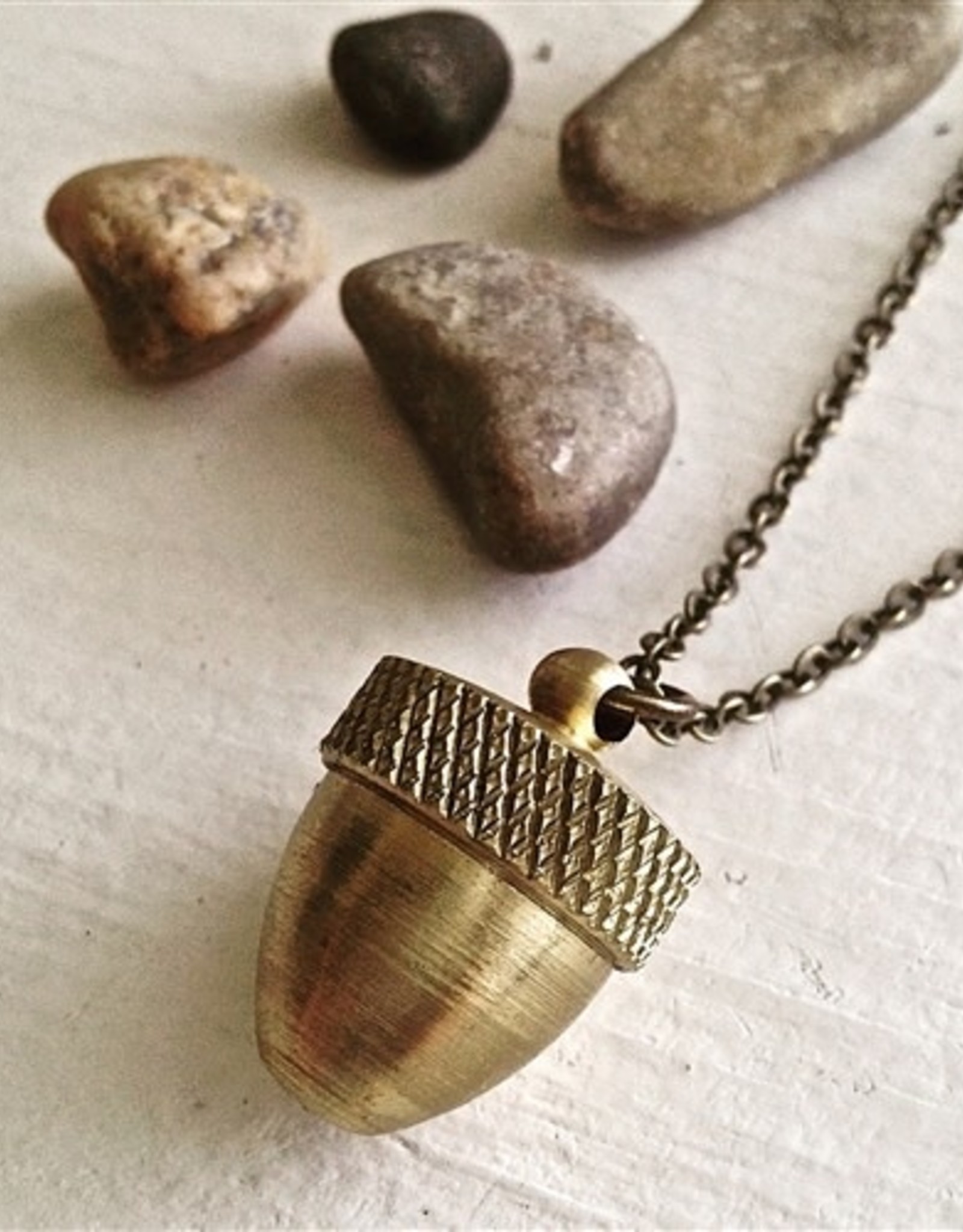 "Cache" Brass Acorn Canister Pendant Necklace
