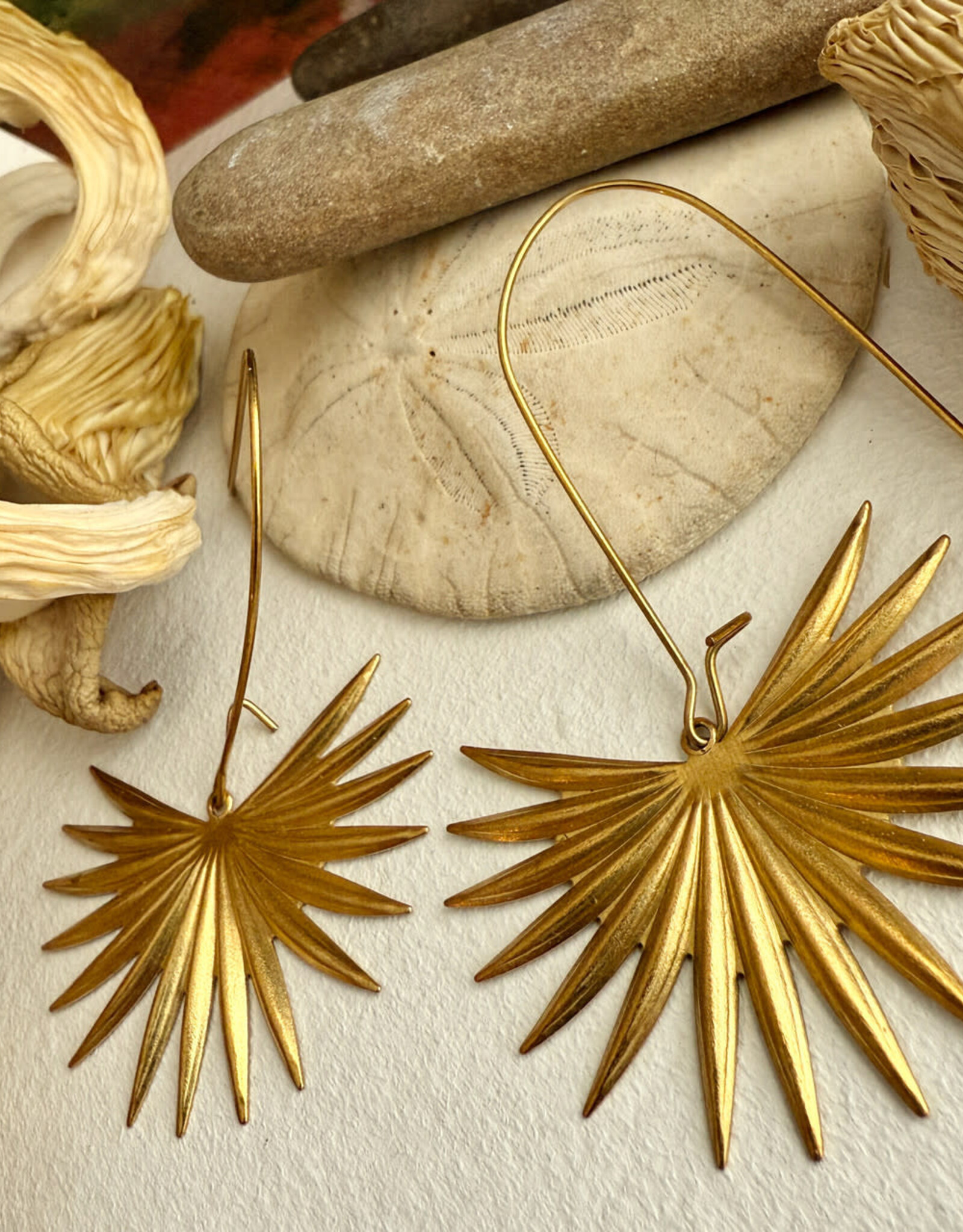 Livistona Raw Brass Palm Frond Drop Earrings