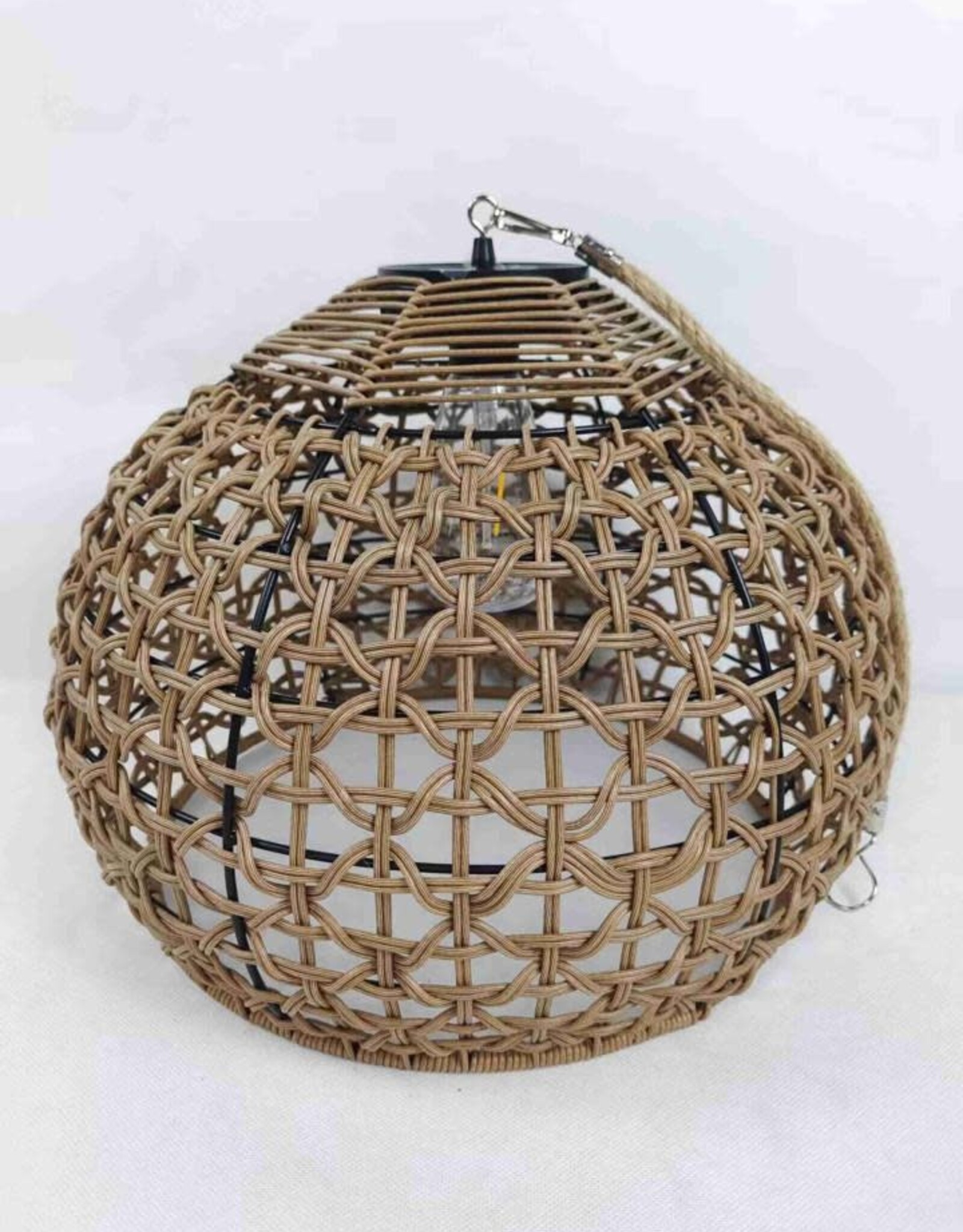 Round Hanging Solar Lantern Made From Plastic Rattan, Iron & Rope