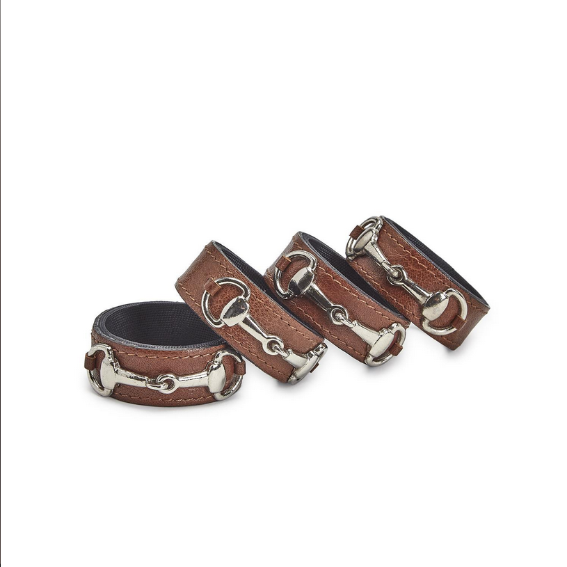 Two's Company Equus Set of 4 Genuine Leather Napkin Rings with Polished Horse Bit Accent - Recycled Leather/Zinc Alloy/Polyester