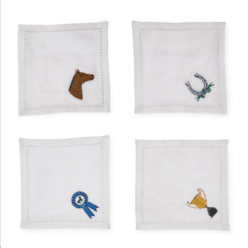 Two's Company Thoroughbred Set of 4 Embroidered Hemstitch Cocktail Napkins Includes 4 Designs: Blue Ribbon, Horse, Trophy, Horse Shoe - Cotton