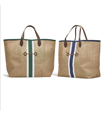 Two's Company Horse Country Jute Tote with Genuine Leather Handles, Embroidered Horse Bit Accent, Inside Pocket Assorted 2 Stripe Colors - Jute/Genuine Leather