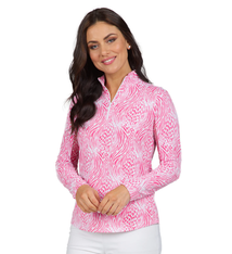 Ibkul IBKUL Long Sleeve Zip Mock Neck, Alena Watermelon / White