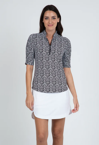 Ibkul IBKUL Leslie Print Ruched Elbow Length Sleeve Top, Black/White