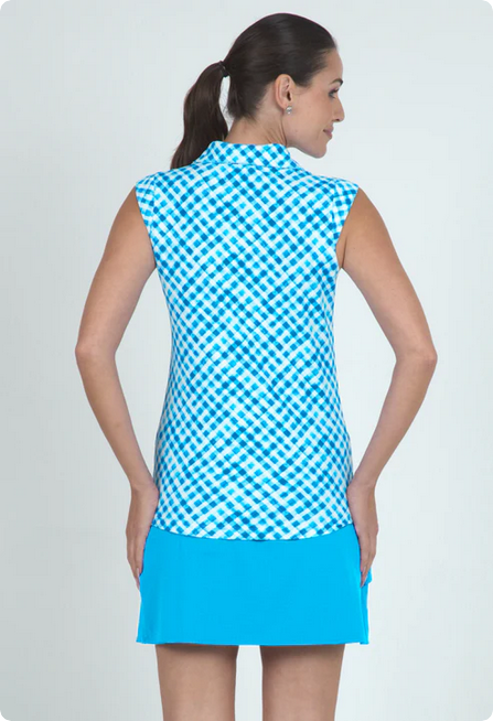 Ibkul IBKUL Gingham Check Sleeveless Zip Polo, Turq/White