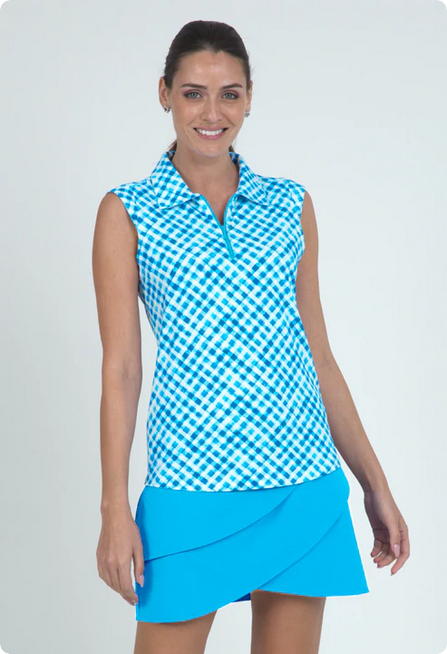 Ibkul IBKUL Gingham Check Sleeveless Zip Polo, Turq/White