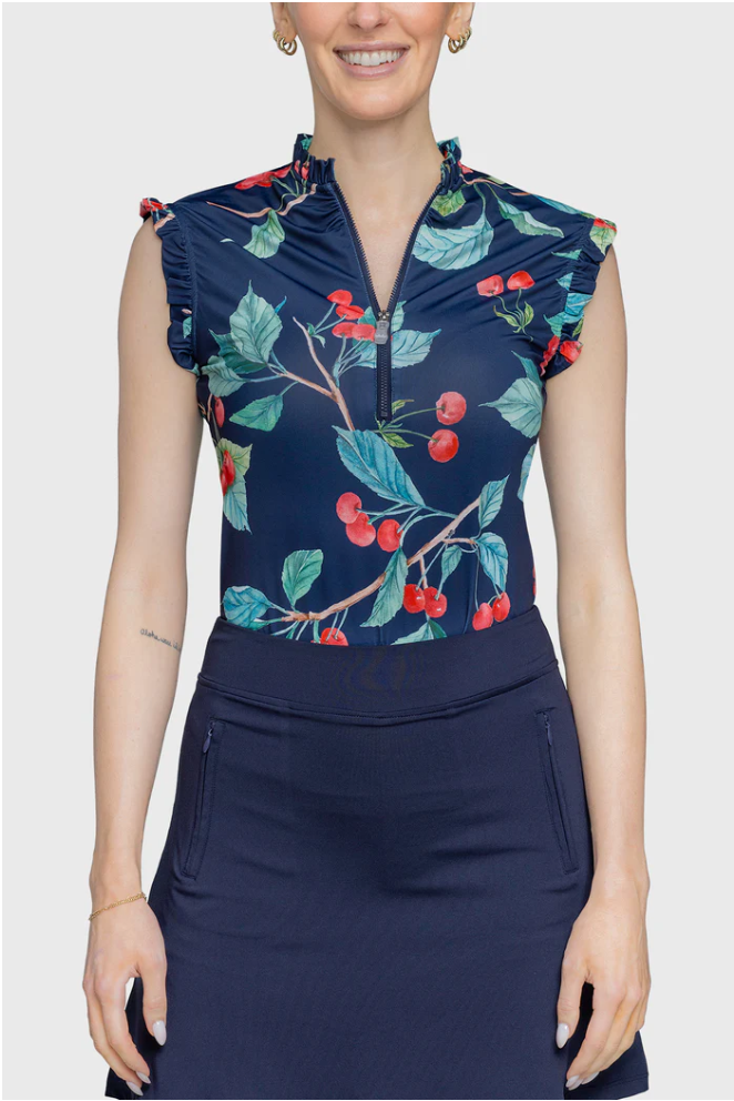 Kastel Ruffle Tank Navy Cherries 1/4 Zip