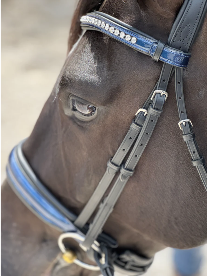Bridleberry Bridleberry #57 Extra Padded Snaffle Bridle, BLUE Patent Leather Noseband & Crystal Browband
