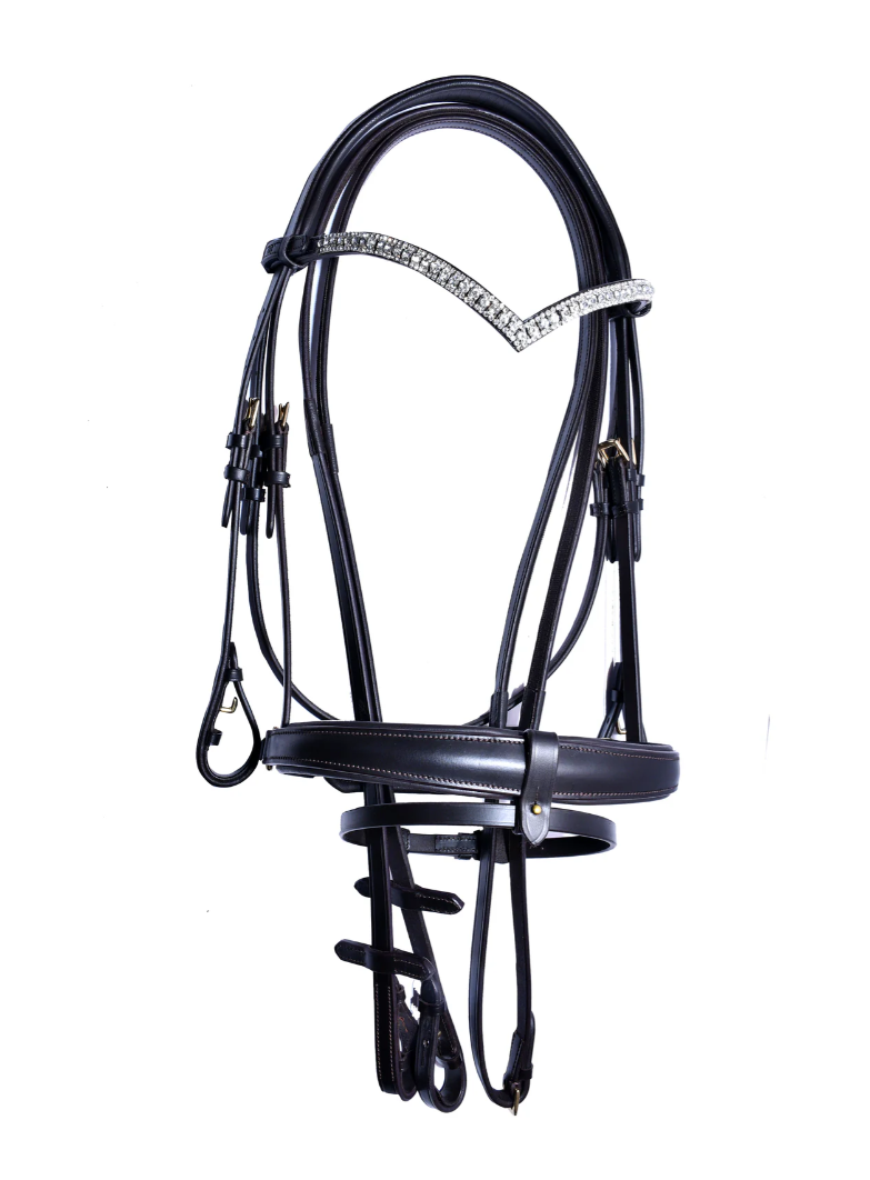 Bridleberry Bridleberry #11 Padded Bridle w/ "V" Crystal Browband, Rubber lined Full Grain English Leather Reins