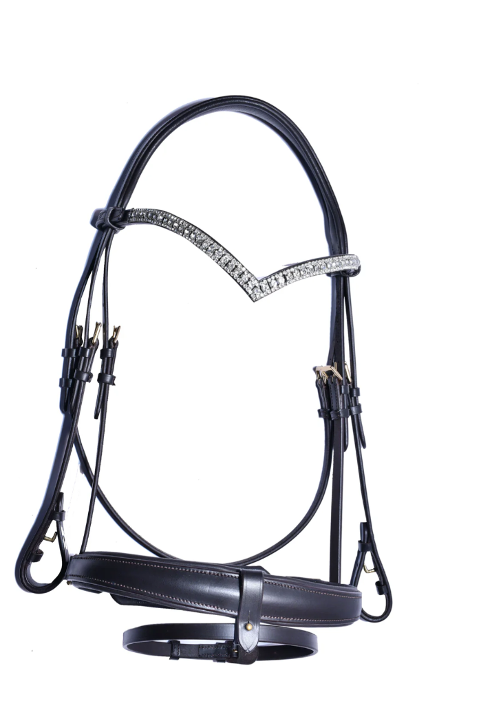 Bridleberry Bridleberry #11 Padded Bridle w/ "V" Crystal Browband, Rubber lined Full Grain English Leather Reins