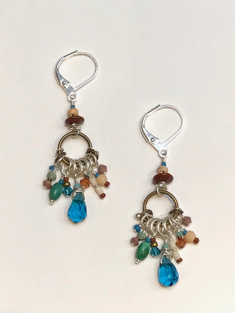 Chipita Earrings- Turquoise, Blue Topaz, Brass, Swarovski, Silver Plate