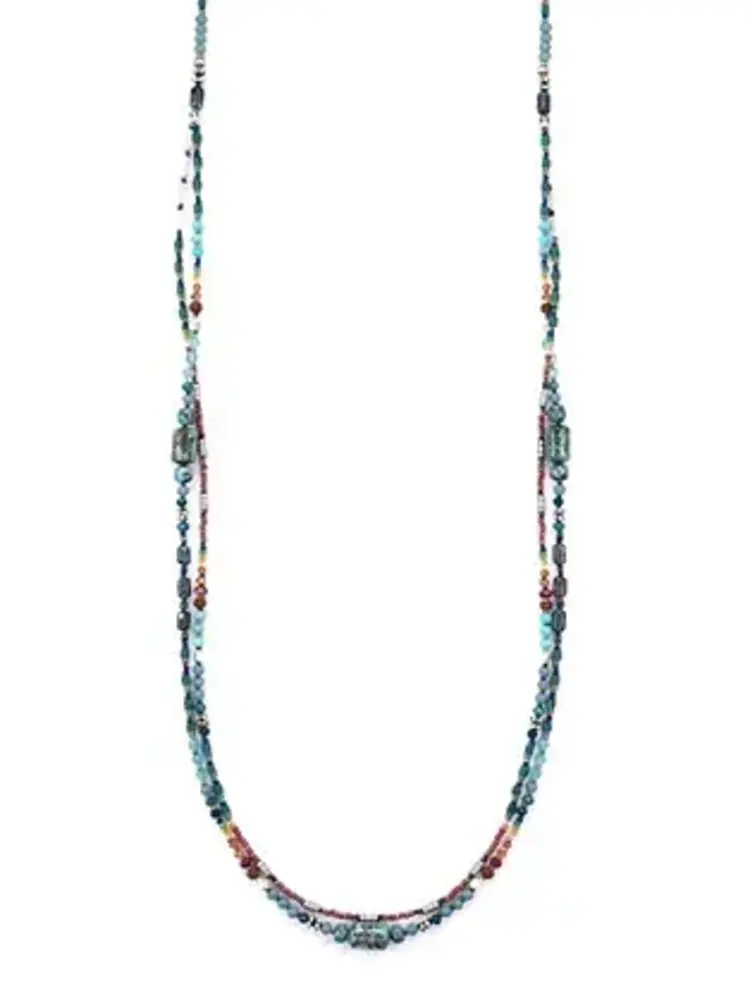 Chipita Necklace 26" SS, Turq, Apatite, Ruby, Citrine, Quartz, Anthracite
