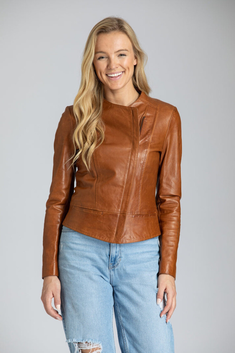 Collarless Zip Up Leather Jacket