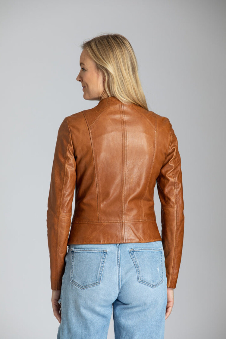 Collarless Zip Up Leather Jacket