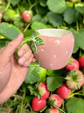 Creative Co-Op Stoneware Mug Strawberry Shaped Pink & Green