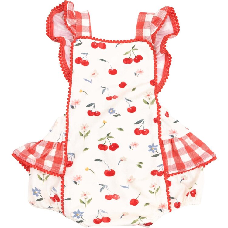 Angel Dear Watercolor Cherries + Gingham Ric-Rac Ruffle Sunsuit