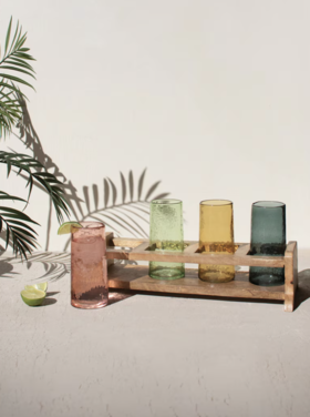 4 Cocktail Glasses w Wooden Tray