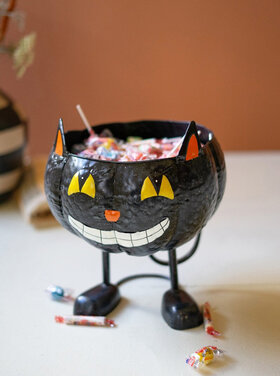 PAINTED METAL BLACK CAT CANDY BOWL