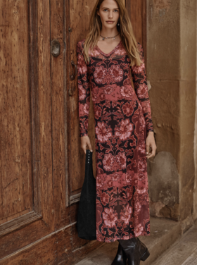 Johnny Was Mesh V Neck LS Maxi Dress