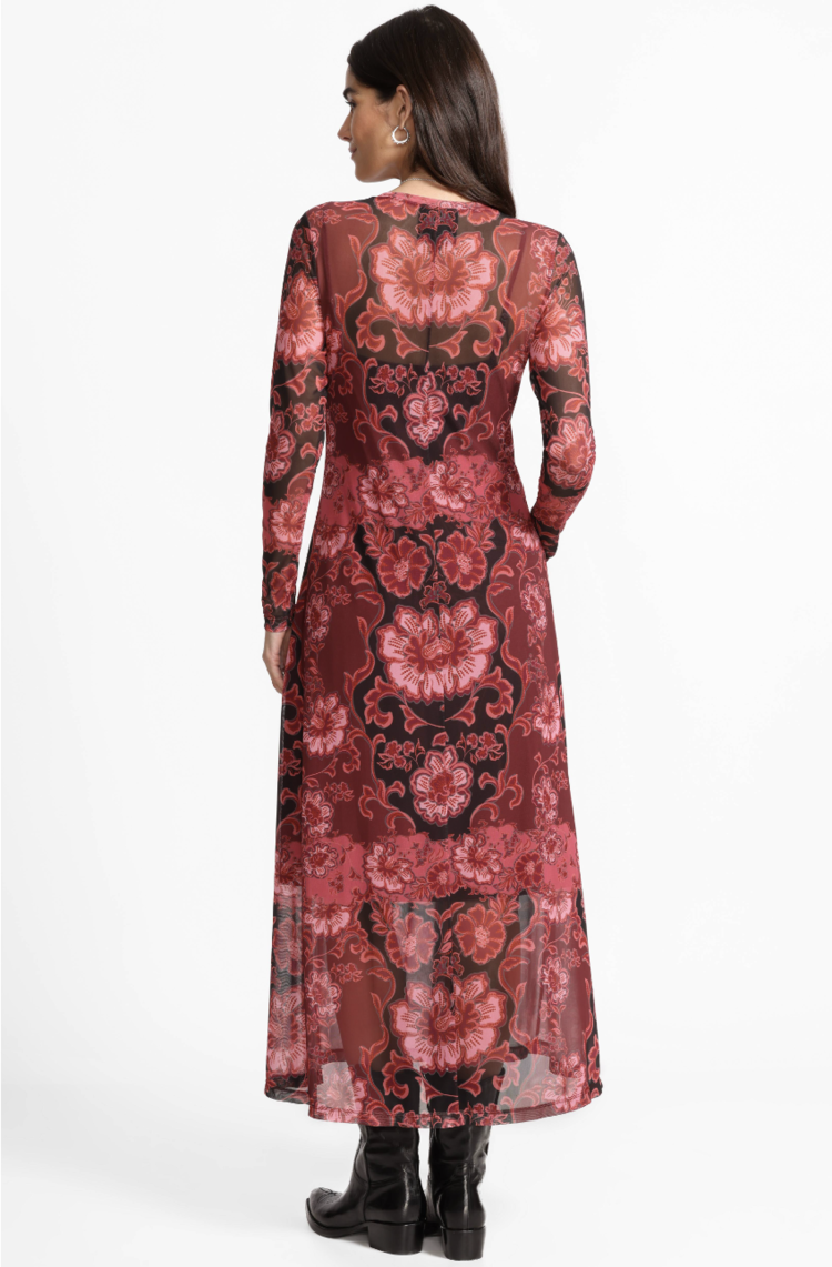 Johnny Was Mesh V Neck LS Maxi Dress