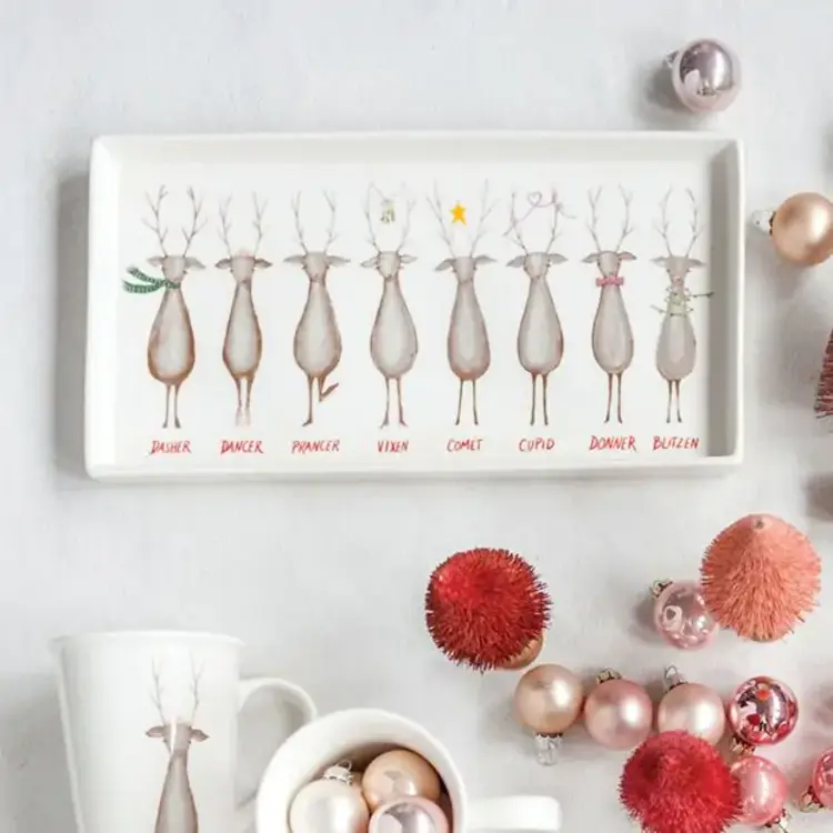 Creative Co-Op Stoneware Platter with Santa's Reindeer