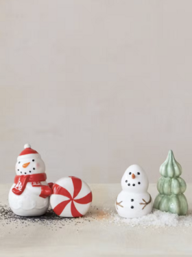 Creative Co-Op Stoneware Snowman & Tree Salt & Pepper Shakers, Set of 2