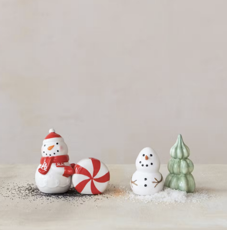 Creative Co-Op Stoneware Snowman & Tree Salt & Pepper Shakers, Set of 2