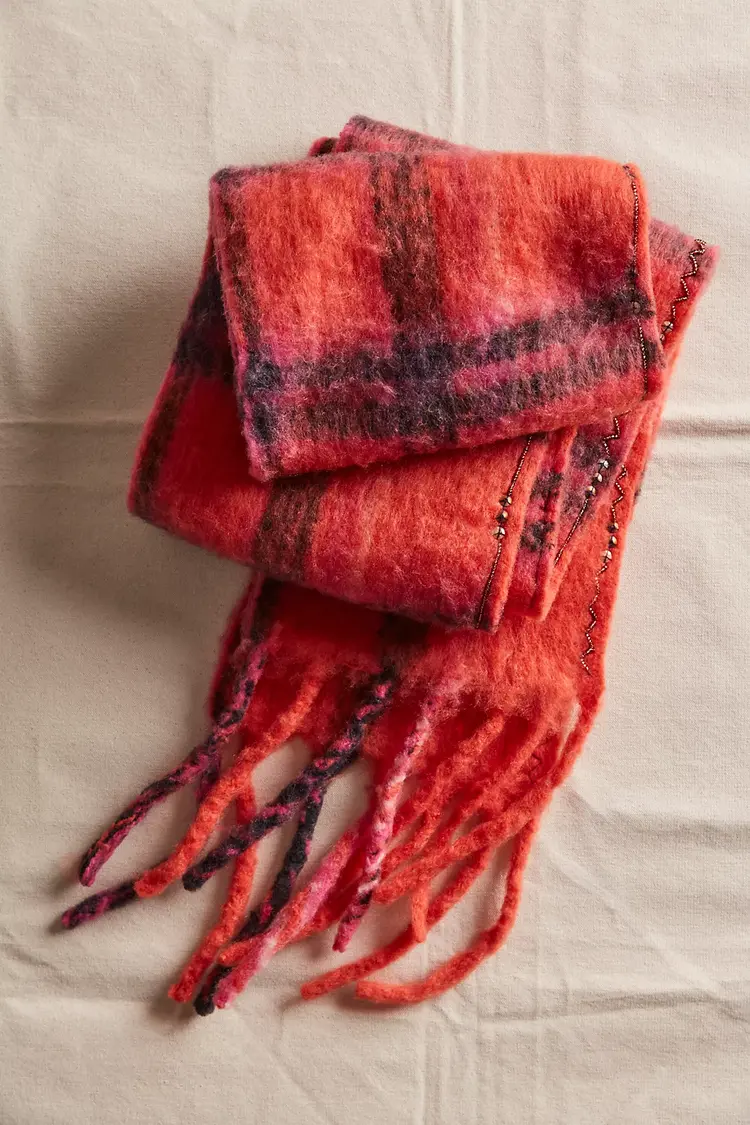Free People Highland Plaid Skinny Scarf Pink Combo