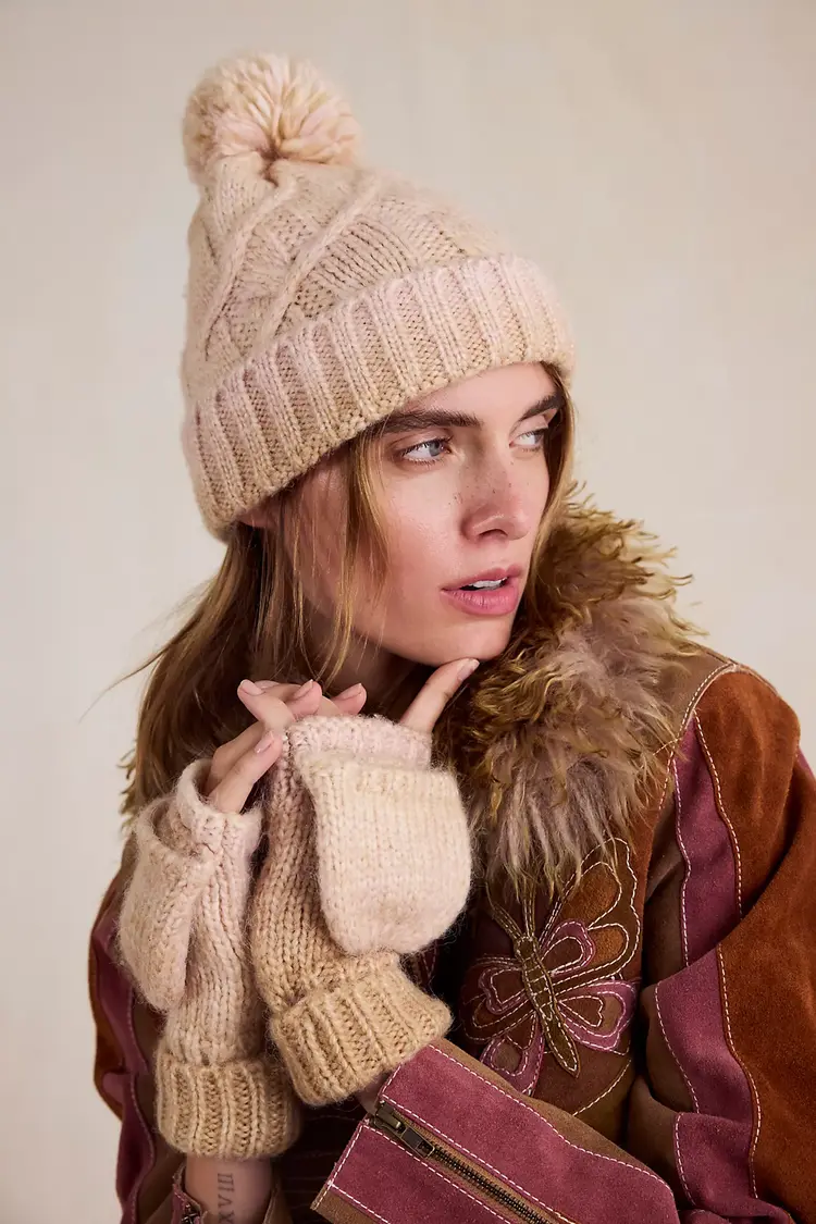 Free People Rainbow Run Hat + Gloves Set Ivory