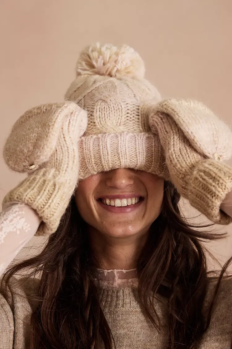 Free People Rainbow Run Hat + Gloves Set Ivory