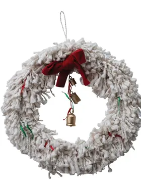 Creative Co-Op Cotton Blend Yarn Wreath with Red Bow, Ribbons & Metal Bells