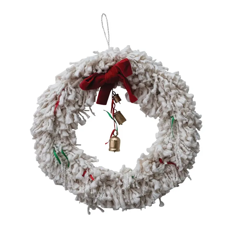 Creative Co-Op Cotton Blend Yarn Wreath with Red Bow, Ribbons & Metal Bells