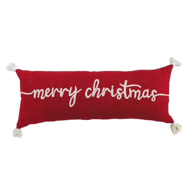 Creative Co-Op Lumbar Pillow with Tassels & Embroidered "Merry Christmas"