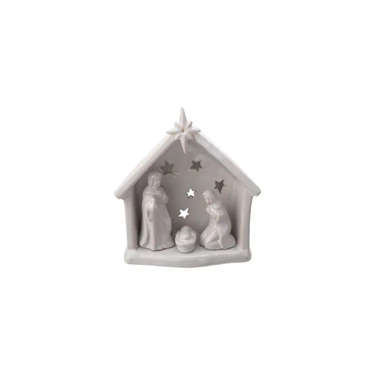Creative Co-Op Stoneware Holy Family Tealight Holder with Star Cut-Outs