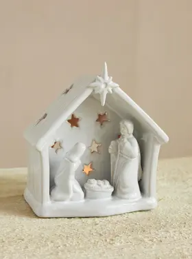 Creative Co-Op Stoneware Holy Family Tealight Holder with Star Cut-Outs