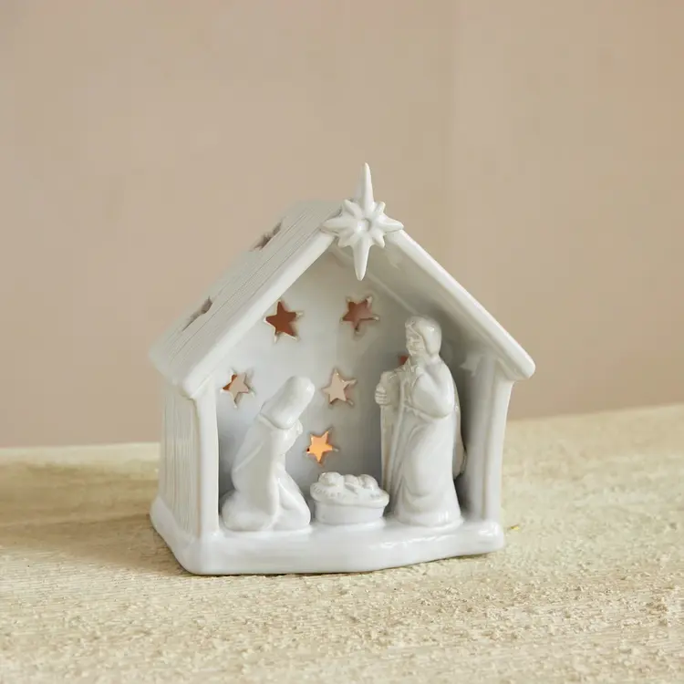 Creative Co-Op Stoneware Holy Family Tealight Holder with Star Cut-Outs