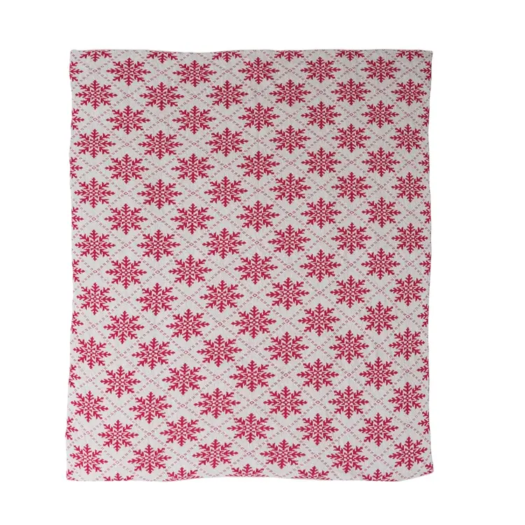Creative Co-Op Throw with Snowflake Pattern, Cream Color & Dark Pink