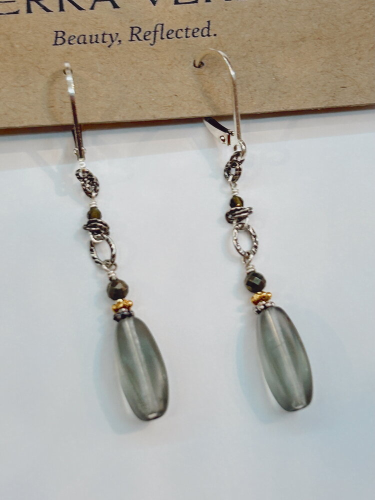 Chipita Earring: 2.25" - Sterling Silver, 18K Vermeil, Pyrite, Vintage German glass beads