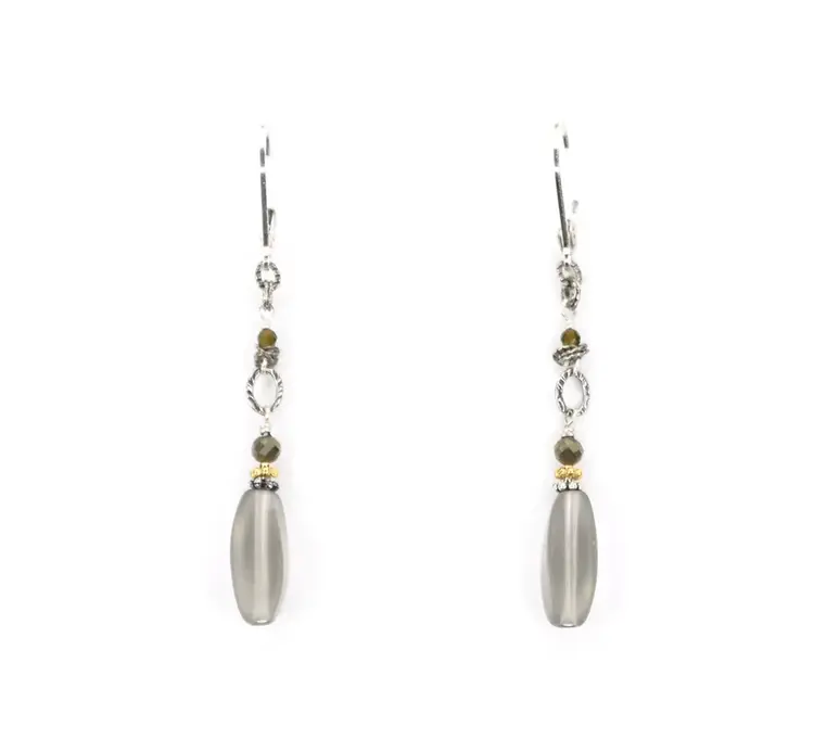Chipita Earring: 2.25" - Sterling Silver, 18K Vermeil, Pyrite, Vintage German glass beads